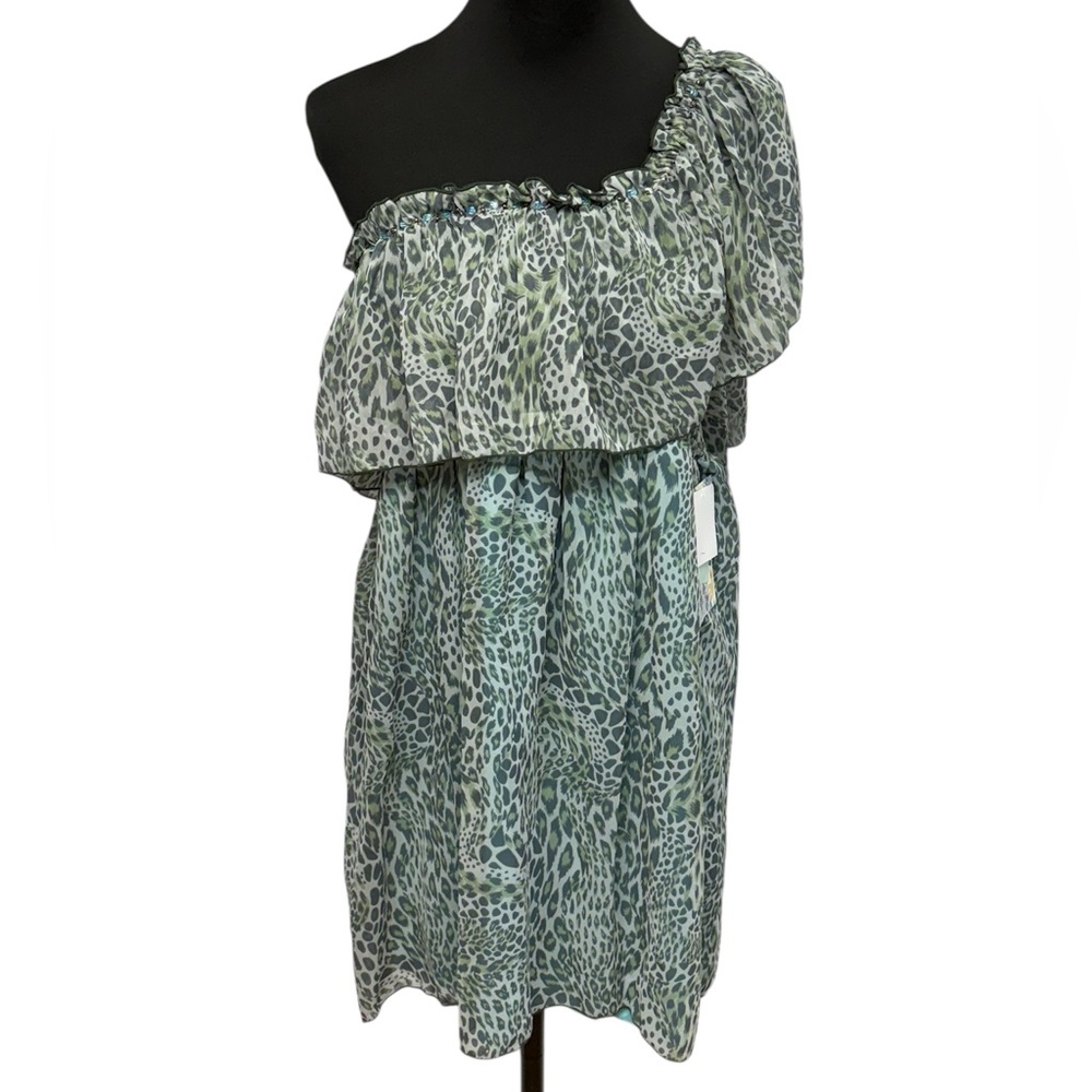 Faith Women’s L Green Black Animal Print One Shoulder Ruffle Chiffon Dress NWT